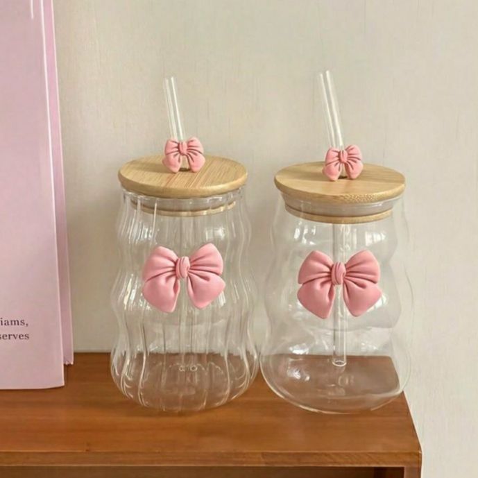 Bow Glass Cup with Lid & Straw